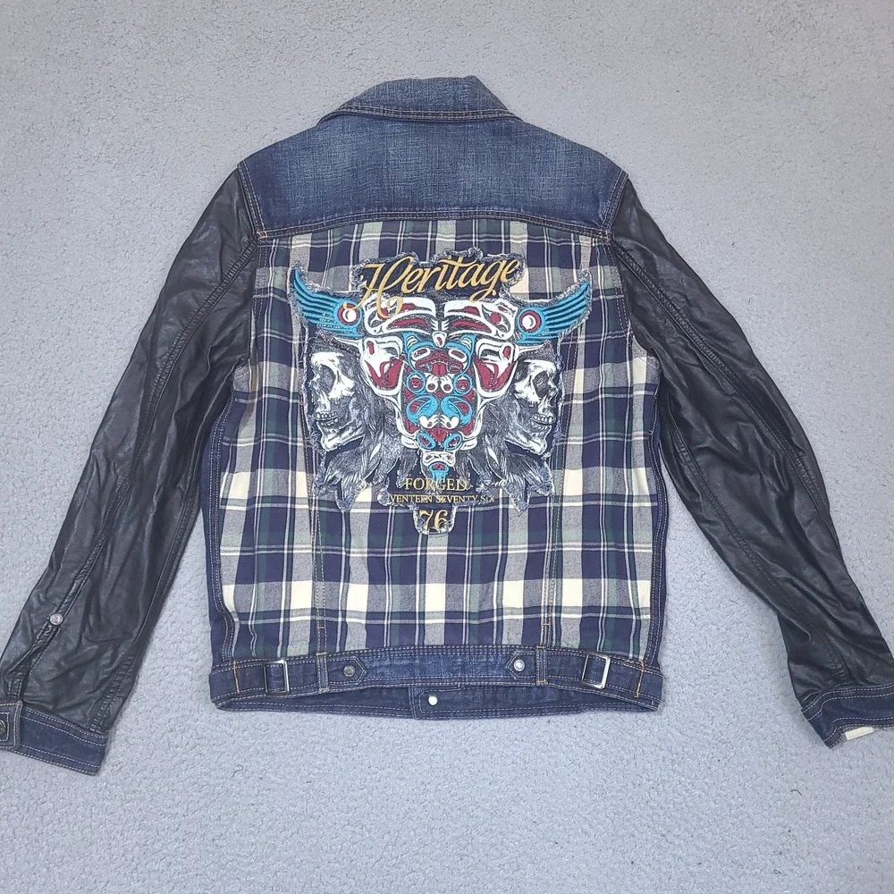 The Heritage America 1776 Denim Distillery Jacket Mens Small Faux Leather Forged